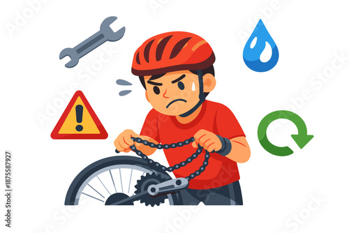 Frustrated asian child fixing bicycle chain with helmet and tools