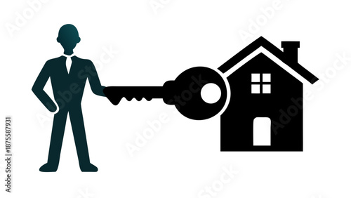 A silhouette of a professional holding a large key standing next to a simplified house icon or building