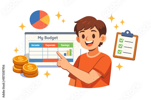 Young male creating budget plan with graphs and coins