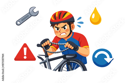 Animated male cyclist fixing bike chain with tools and safety symbols