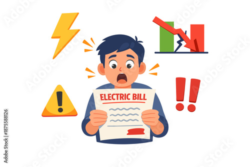 Shocked young asian male reacts to high electric bill with warning symbols and graphs