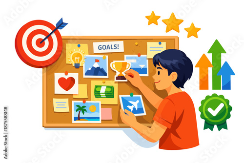 Young asian male setting goals on vision board with motivational icons