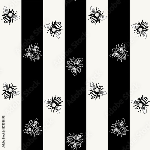 Black and white pattern with bees on a striped background.Vector seamless pattern with bees on a black and white striped background.