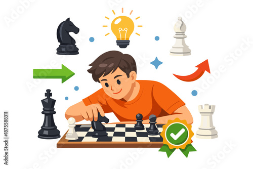 Young caucasian male playing chess with strategic focus and various chess pieces illustrated
