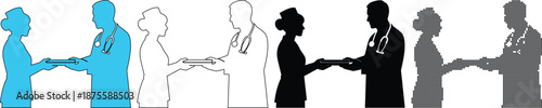 Nurse Handing Medical Tray or Folder to Doctor Silhouette Professional Vector Set