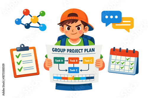 Young boy presenting group project plan with colorful charts and diagrams