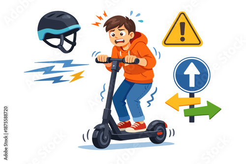 Scared teen riding scooter with safety helmet and road signs