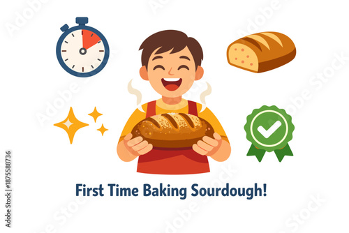 Young asian male enjoys successful first sourdough baking experience