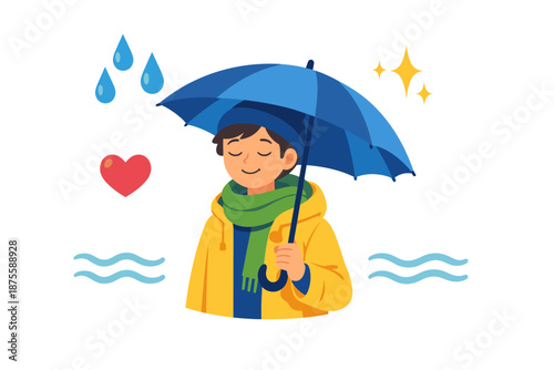 Young caucasian male with umbrella in rainy weather, wearing yellow raincoat and green scarf