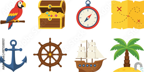 Pirate adventure icons collection featuring a parrot treasure chest compass map anchor steering wheel ship and island.