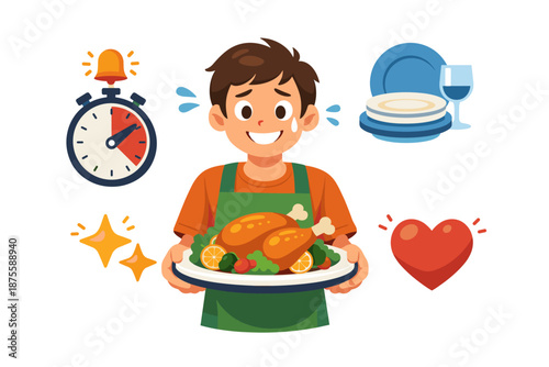 Young male serving roast chicken with timer and dishware icons