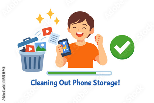 Young adult cleaning phone storage: digital organization success