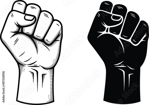 Powerful clenched raised fist icon set in hand drawn and solid black styles for solidarity protest human rights and strength concepts.