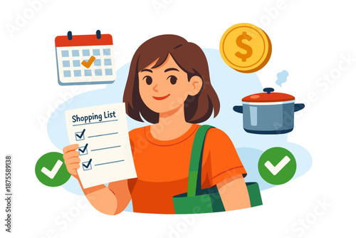 Young hispanic female holding shopping list in kitchen setting with calendar and cooking pot