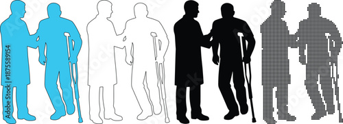 Medical Doctor Assisting Patient on Crutches Silhouette Rehabilitation Vector Set