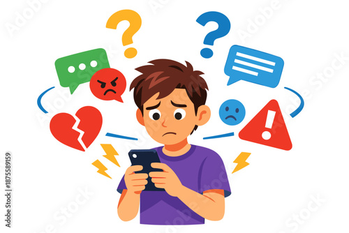 Stressed teen boy facing online bullying through smartphone communication