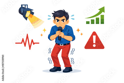 Anxious asian male teen experiencing stage fright with performance anxiety indicators