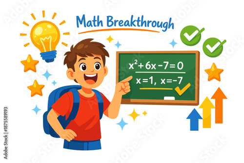Excited asian young boy solving math equation on chalkboard with bright icons