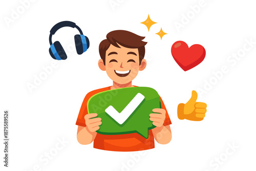 Happy young caucasian male with approval sign and emojis