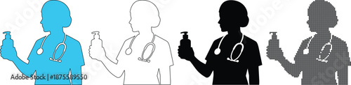 Nurse Silhouette Holding Hand Sanitizer Pump Bottle Hygiene Protection Vector Set
