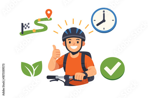Young asian male cyclist with helmet, route, and time icons