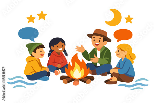 Diverse kids enjoying campfire storytelling under stars and moon