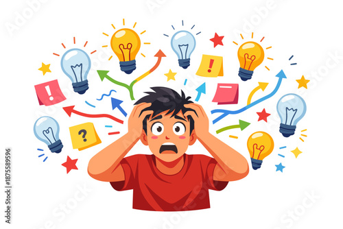 Stressed young male surrounded by ideas and thoughts
