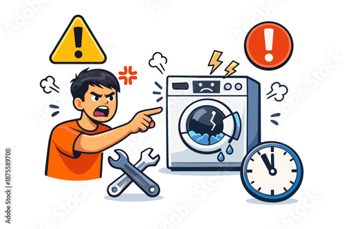 Frustrated young male with broken washing machine and warning symbols