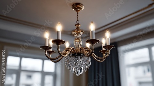 Elegant chandelier with golden arms and crystal accents, illuminating a stylish interior space, enhancing ambiance and sophistication in home decor and design