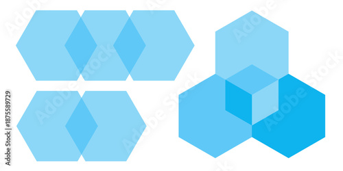 Hexagon venn diagram cluster in various overlapping arrangements vector infographic for data intersection chart model geometric blue design business element balance info clean layout