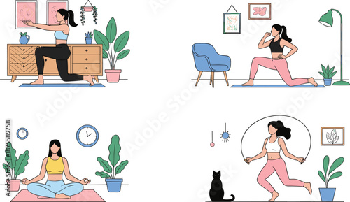 Set of flat vector illustrations featuring women practicing yoga stretching and jumping rope in modern home interiors.