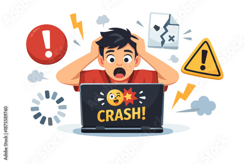 Shocked young male facing computer crash with error symbols and alerts