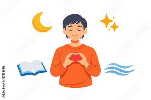 Positive mindfulness: young asian male embracing self-care and knowledge balance