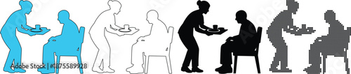 Caregiver Serving Meal Tray to Seated Elderly Patient Silhouette Collection