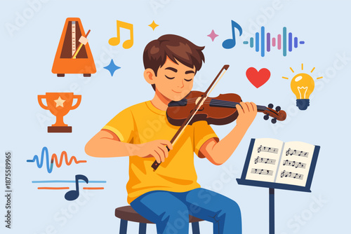 Young male child playing violin with musical symbols and metronome