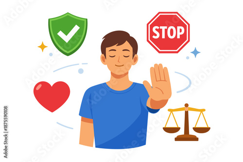 Young caucasian male balancing emotions and justice: heart, stop, shield, scale