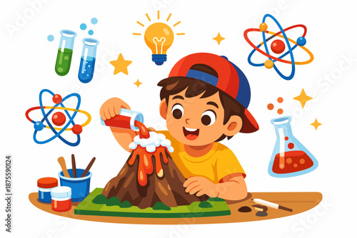 Young hispanic child conducting fun science experiment with volcano model and atoms