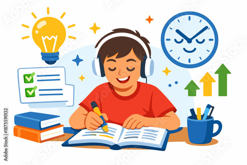 Young caucasian male child studying with headphones and books in creative workspace