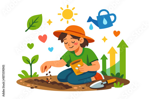 Young caucasian female gardening with seeds and tools in a vibrant outdoor setting