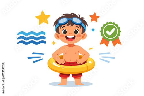 Happy asian child with swimming goggles and float ring in summer fun illustration