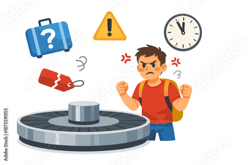 Frustrated young male at baggage claim with missing luggage and signs of stress