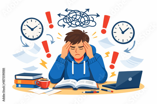 Young caucasian male student stressed with study and deadlines