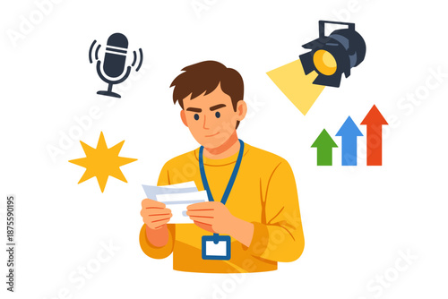 Young asian male presenter reading notes with microphone and spotlight