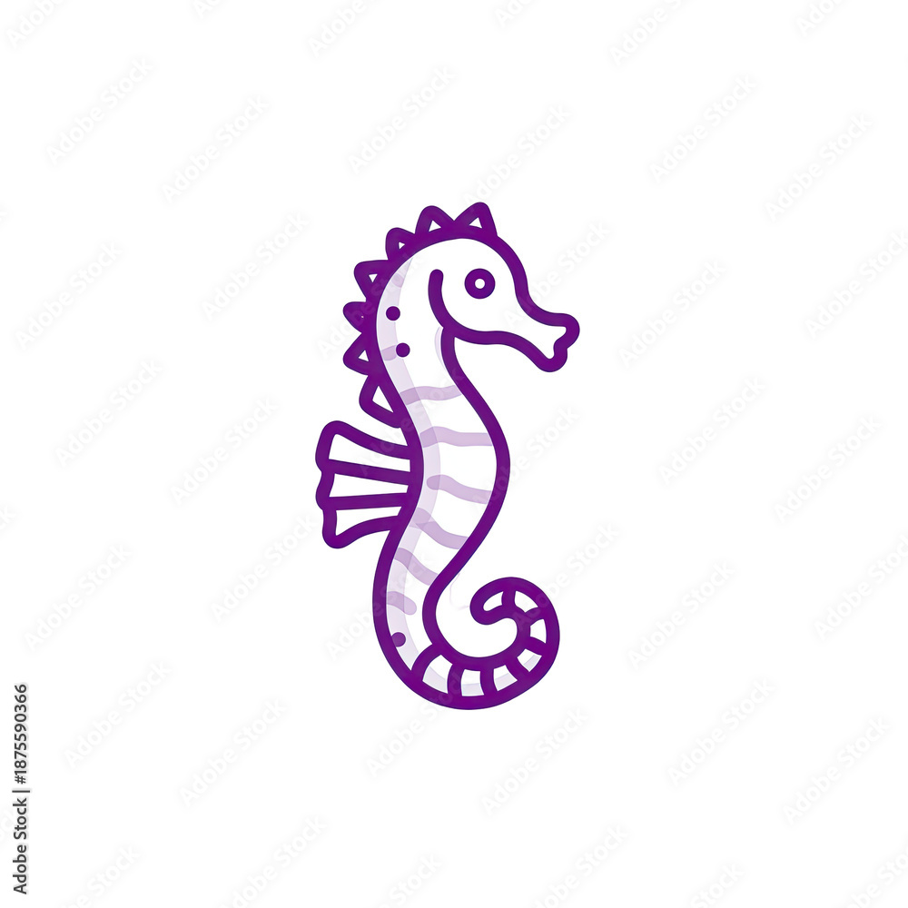Fototapeta premium Stylized seahorse illustration in shades of purple and white, outlined with purple, set on black background