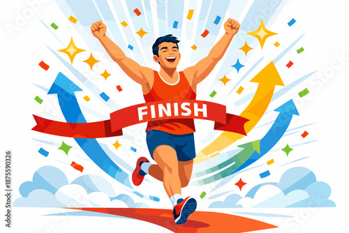 Joyful male runner celebrating victory at finish line with vibrant background