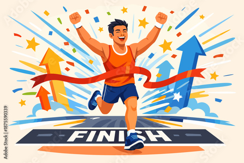 Young asian male runner celebrating finish line victory in colorful race