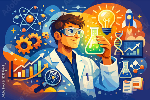 Young caucasian male scientist exploring laboratory innovations and discoveries