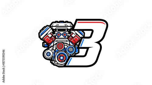 V8 Engine with Number 3 Racing Automotive Power Speed.