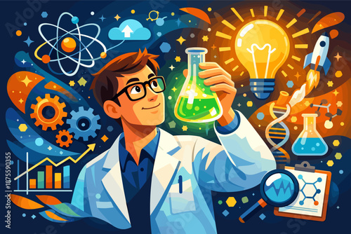 Young caucasian male scientist analyzing green liquid in a lab setting with scientific symbols