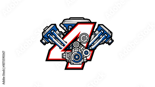 V8 Engine Graphic with Number 4 - Automotive Power.